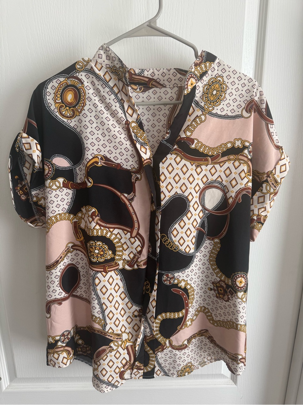 SHEIN Pink, Black & Gold Chain-Print Button-Up Shirt